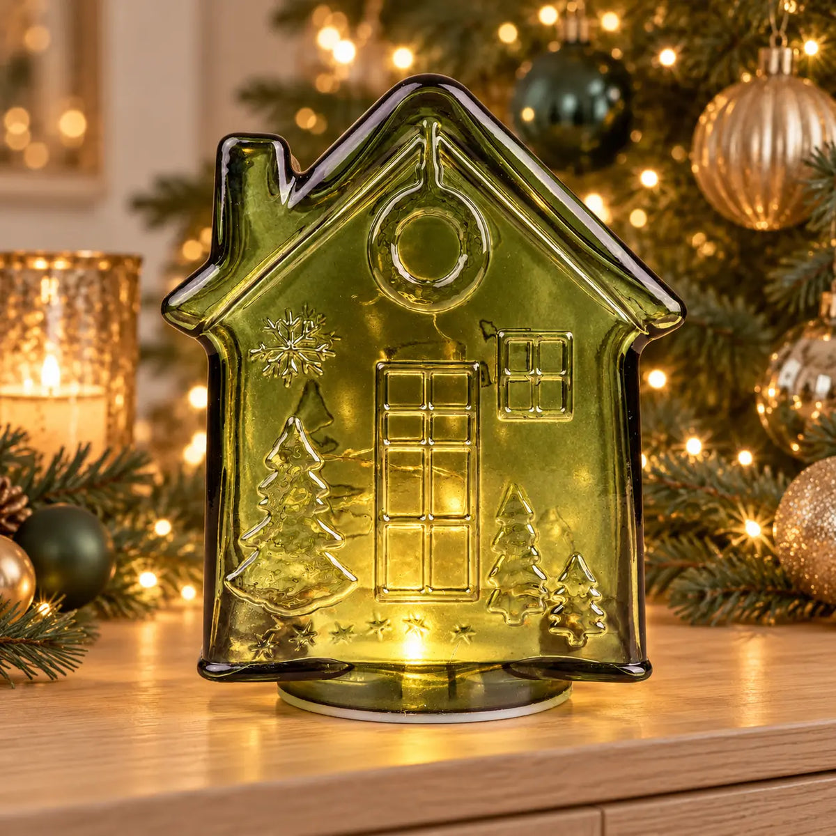 Green LED glass gingerbread house for Christmas décor, illuminated with festive green lights by Candlelight Products Ltd.