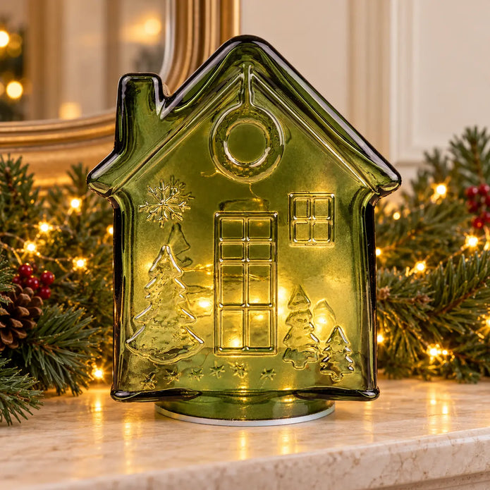 Green LED glass gingerbread house Christmas decoration with illumination, crafted by Candlelight Products Ltd for festive mantel displays.