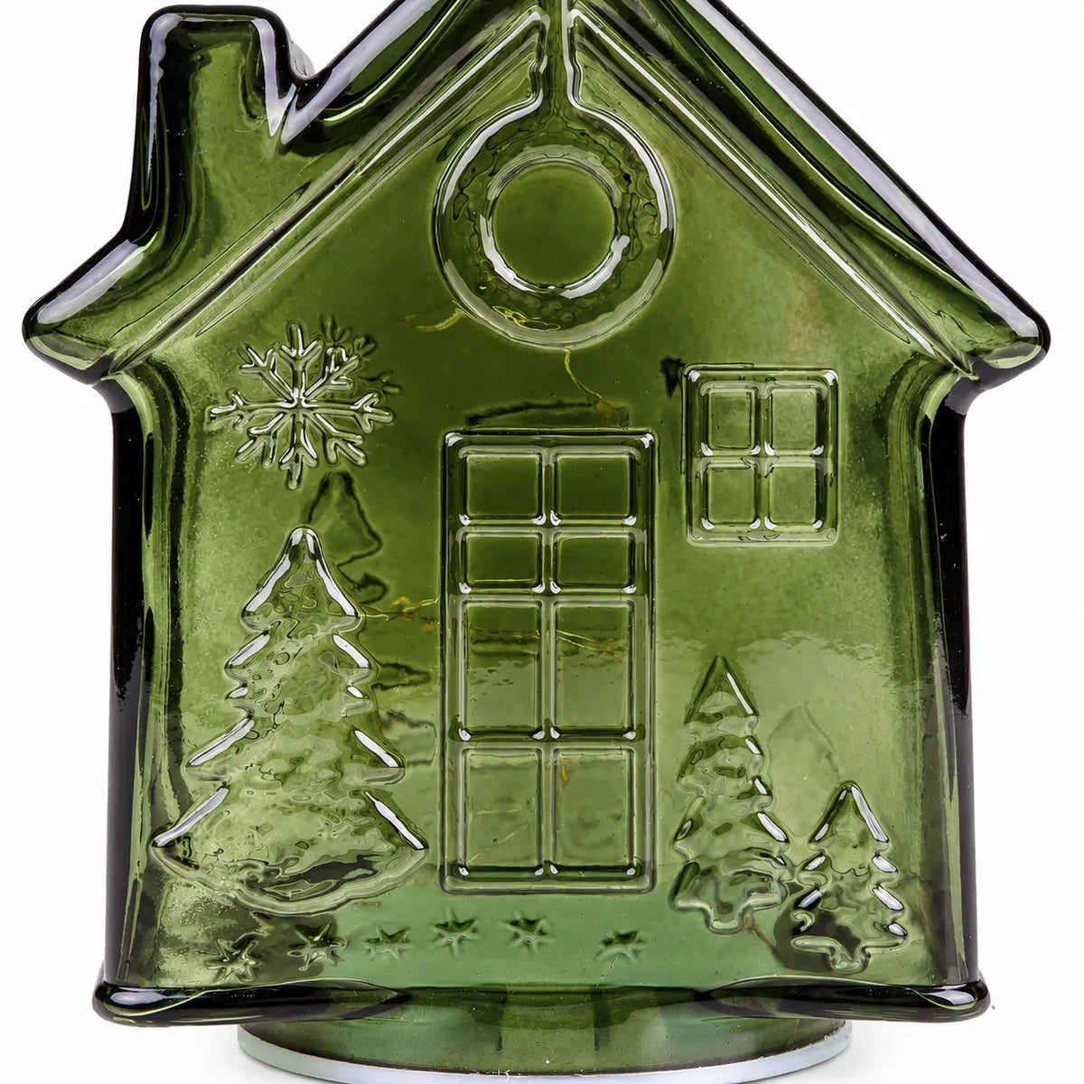 Green LED glass gingerbread house with festive Christmas lights, detailed studio shot showcasing the Candlelight Products Ltd design.