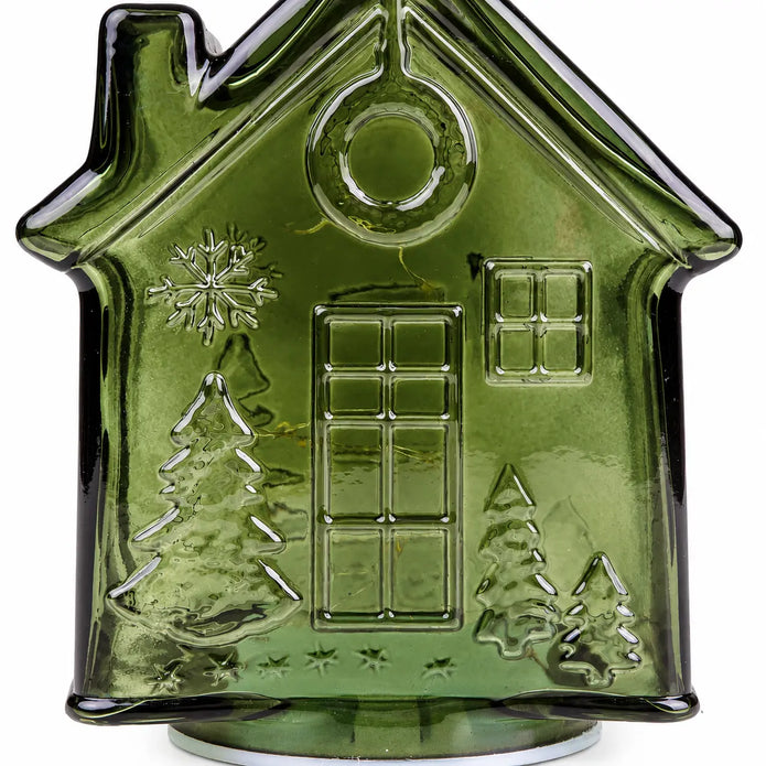 Green LED glass gingerbread house with festive Christmas lights, detailed studio shot showcasing the Candlelight Products Ltd design.