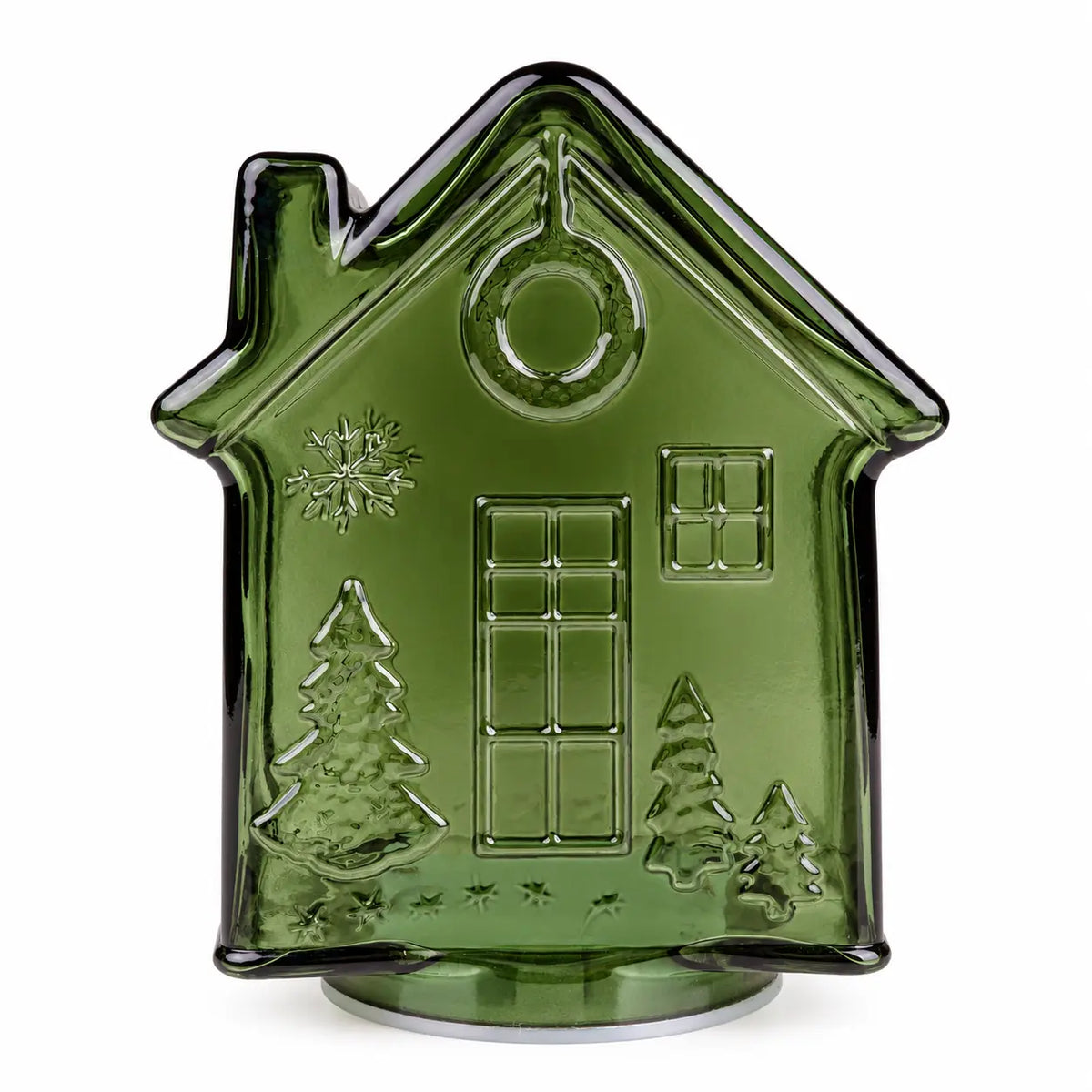 Green LED glass gingerbread house for Christmas by Candlelight Products Ltd, illuminated and detailed in a festive display.