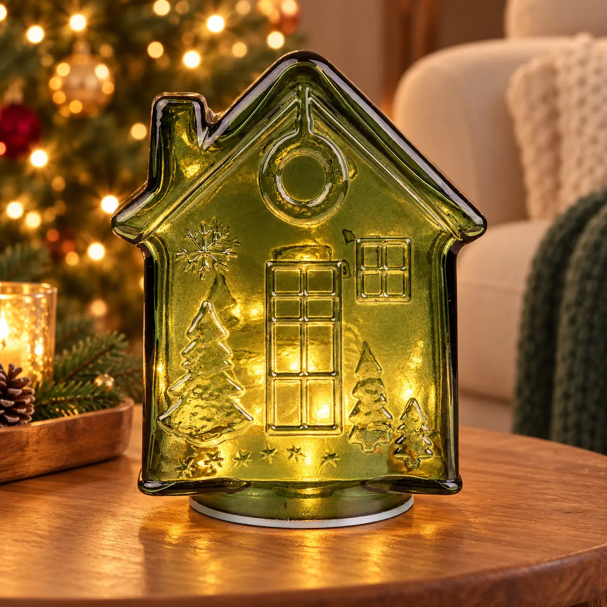 Green LED glass gingerbread house for Christmas decorations, illuminated with colorful lights, from Candlelight Products Ltd.