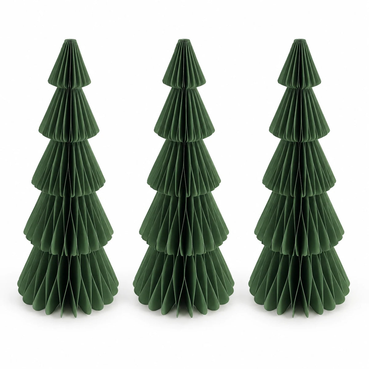 Full white studio view of three matching 30 cm green paper Christmas trees.