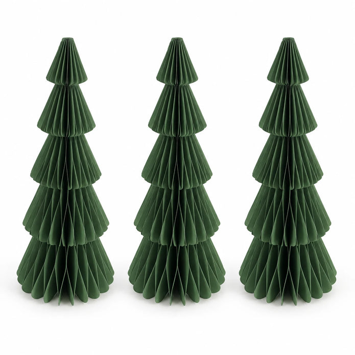 Full white studio view of three matching 30 cm green paper Christmas trees.