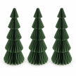 Full white studio view of three matching 30 cm green paper Christmas trees.