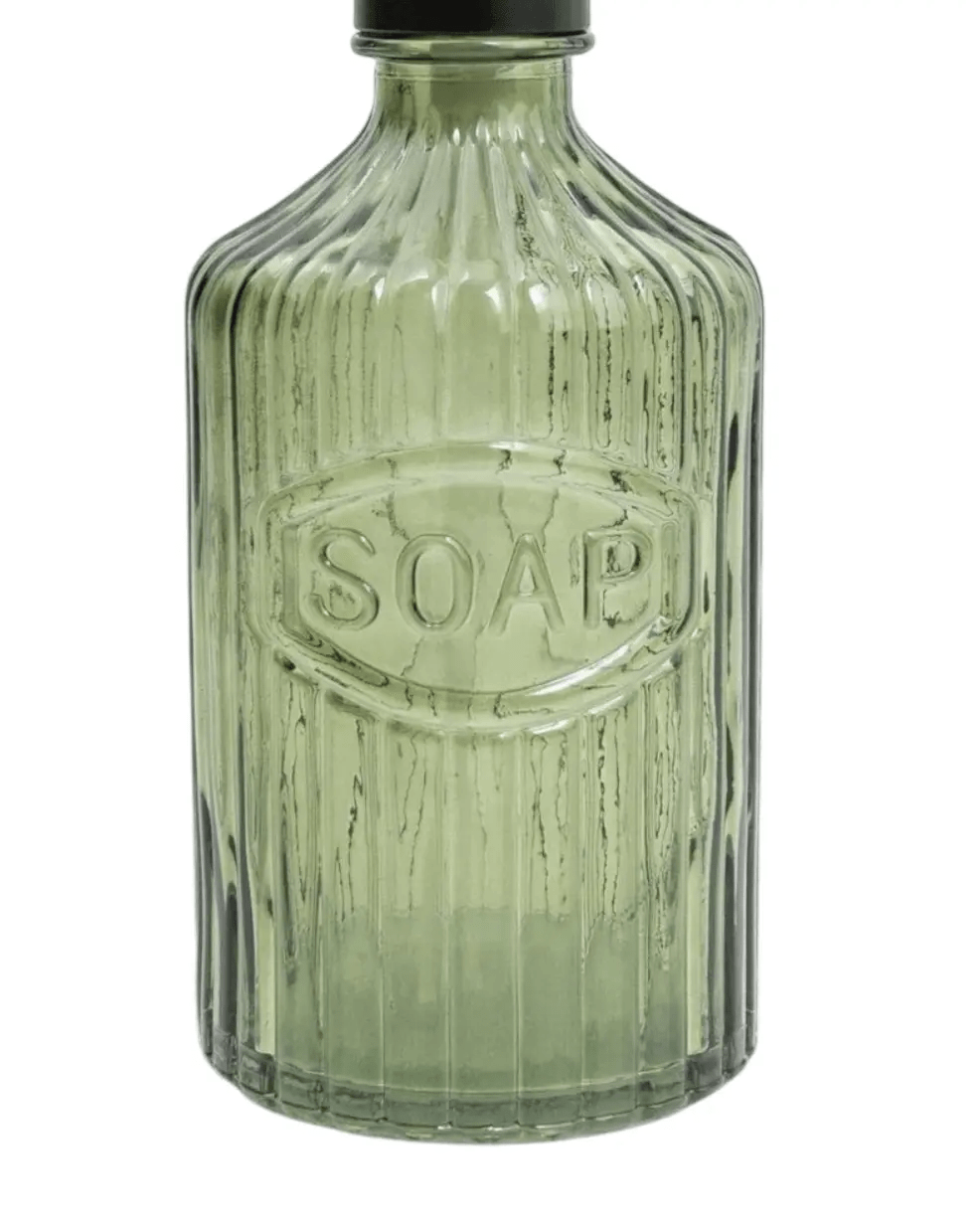 Green Ribbed Glass Soap Dispenser Bottle - “Soap” - Home DecorHome Decor - Lulu Loves Home