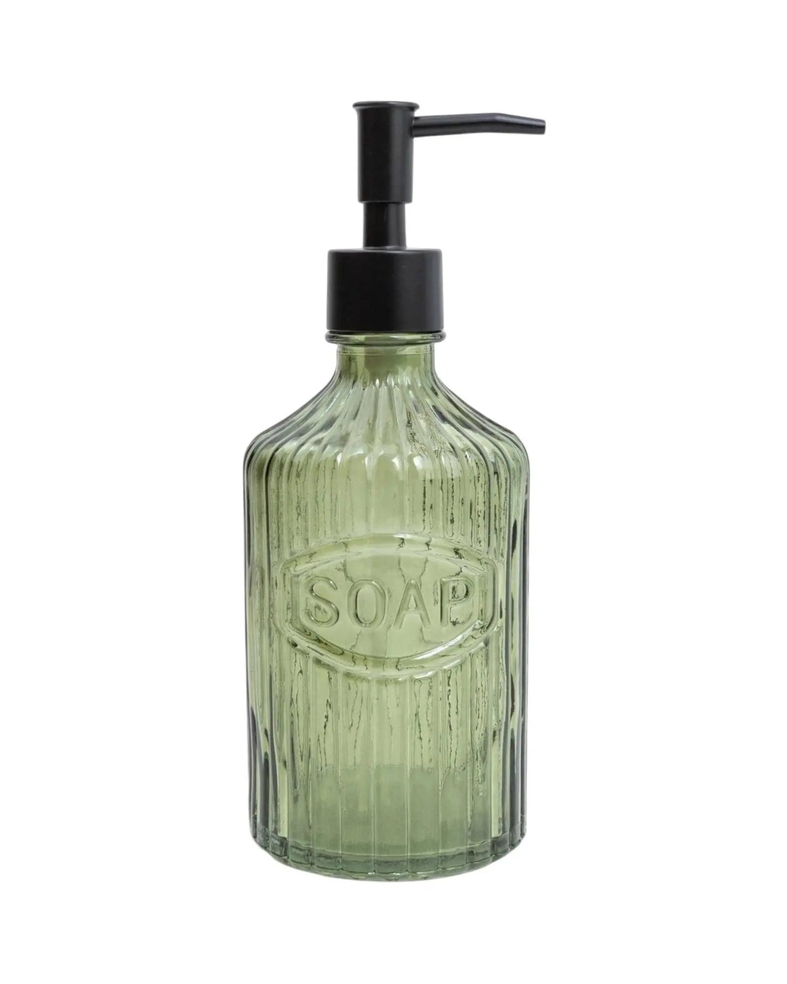 Green Ribbed Glass Soap Dispenser Bottle - “Soap” - Home DecorHome Decor - Lulu Loves Home