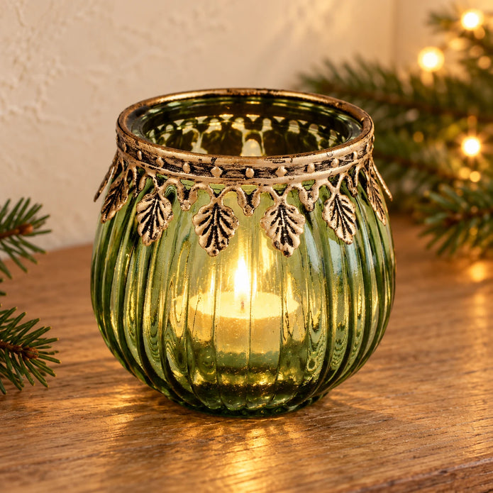 Green ribbed glass tea light candle holder by Originals International Ltd