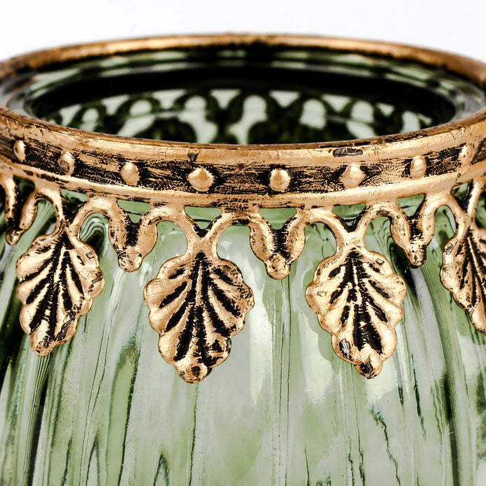 Green ribbed glass tea light candle holder with leaf rim by Originals International Ltd