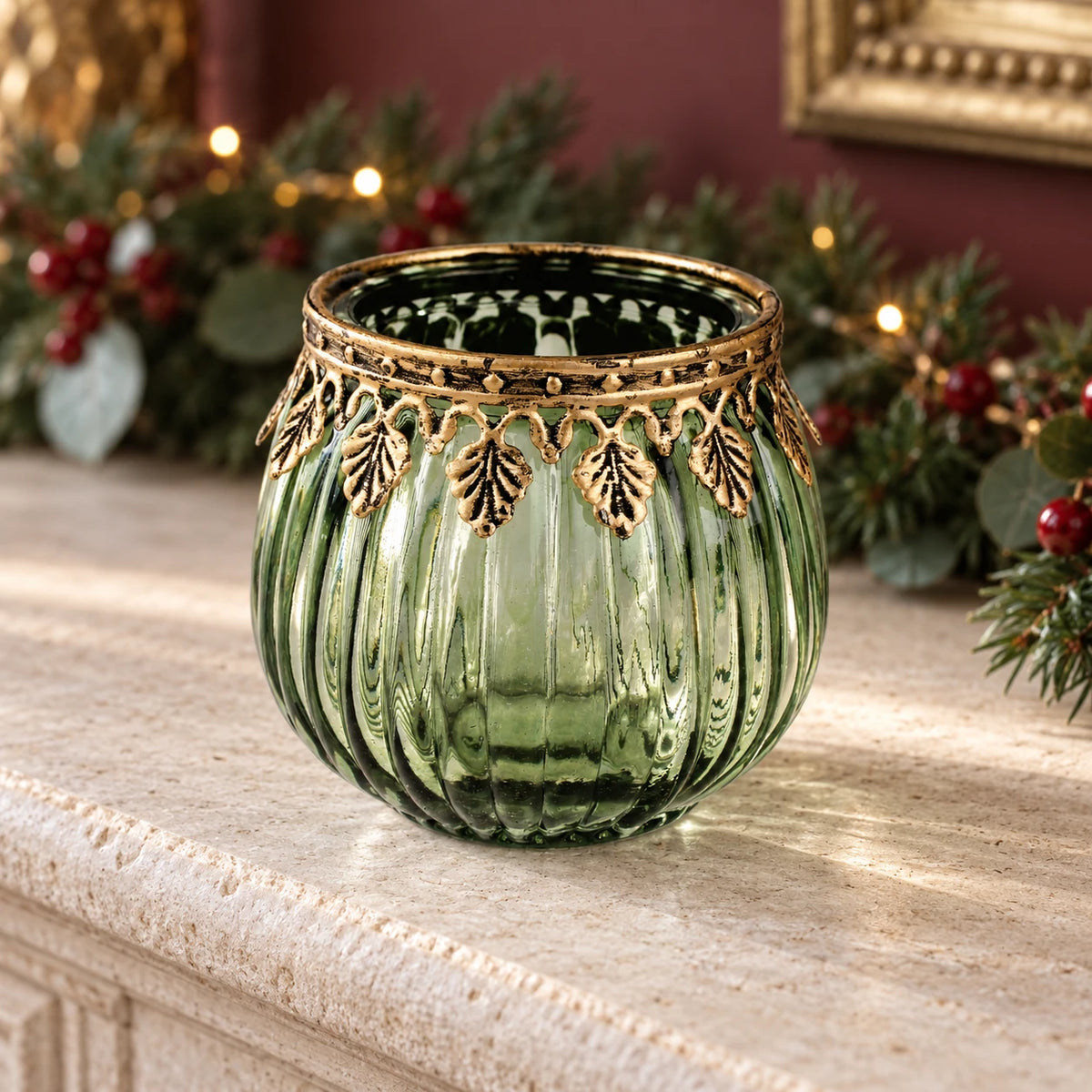 Green ribbed glass tea light candle holder by Originals International Ltd