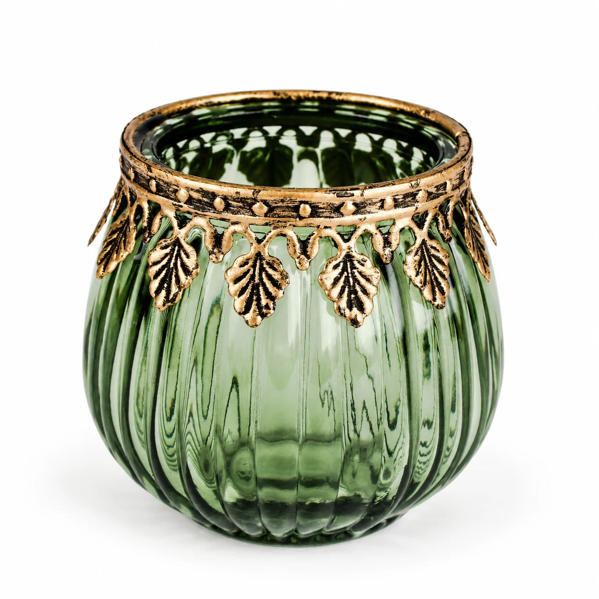 Green ribbed glass tea light candle holder by Originals International Ltd against a white background