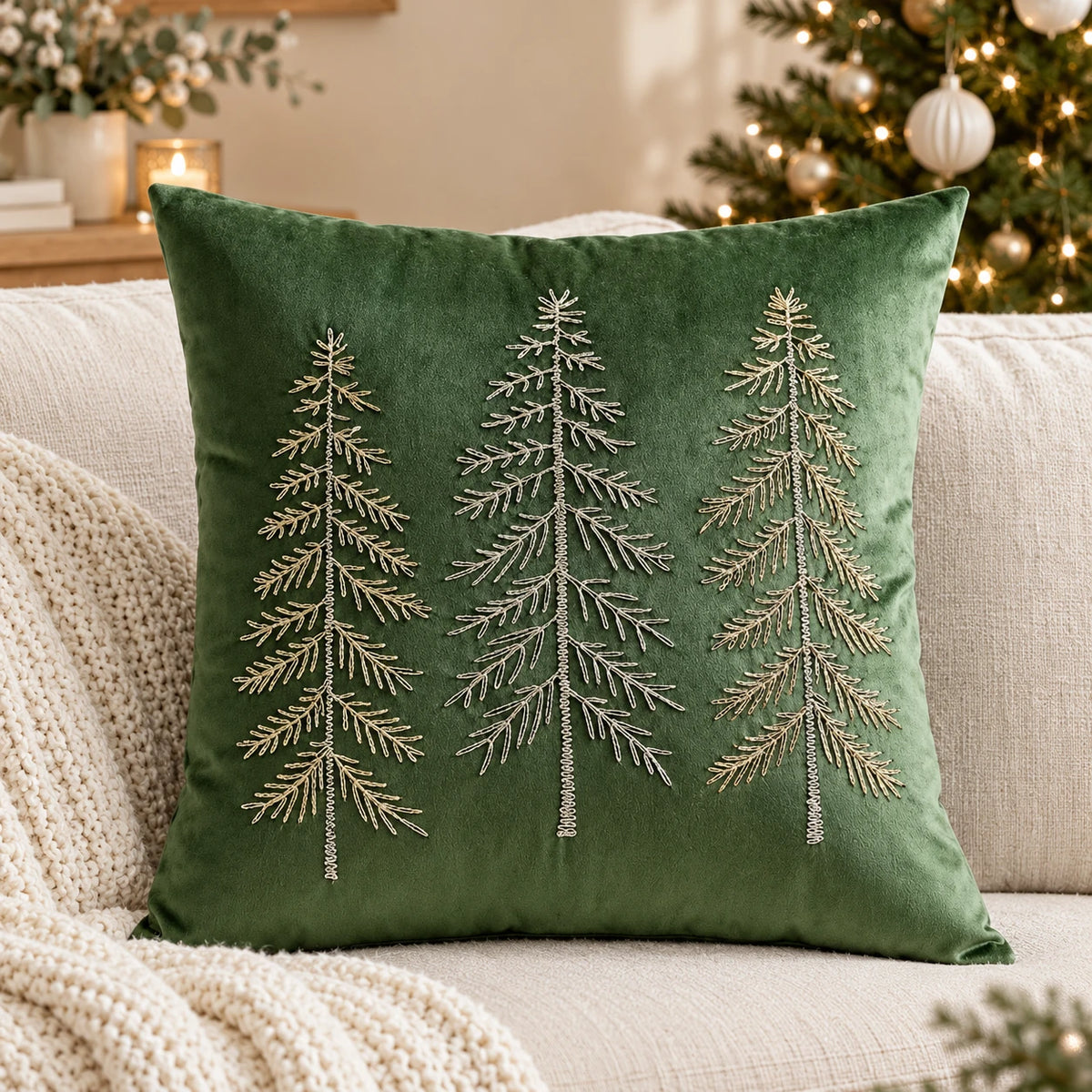 Green velvet cushion cover with three embroidered Christmas trees on a cream sofa beside a decorated Christmas tree.