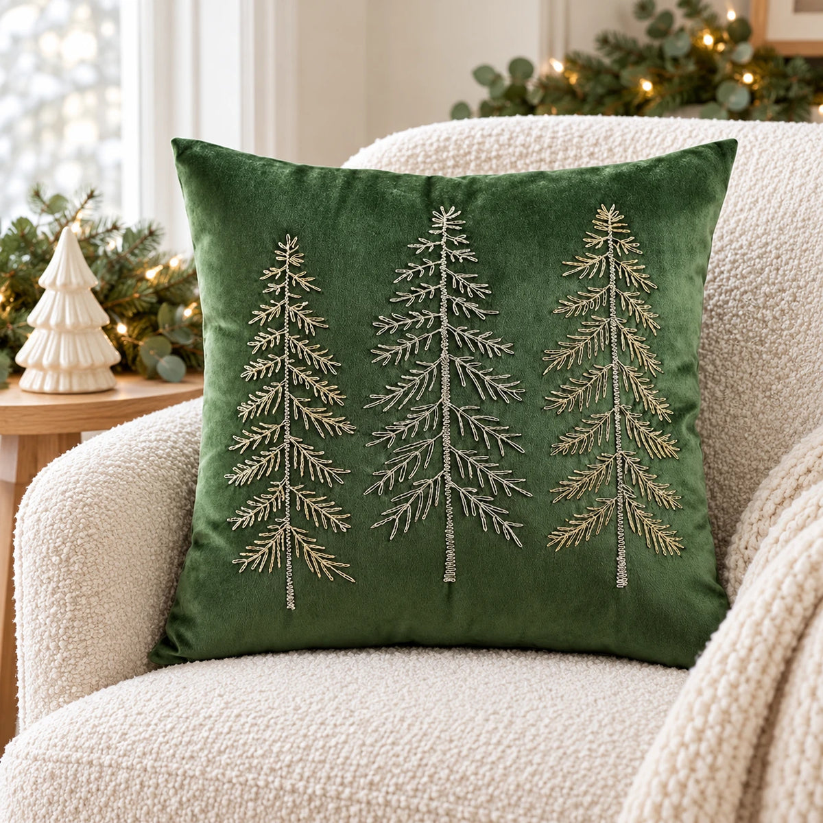 Green velvet embroidered tree cushion cover styled on a cream boucle armchair with neutral Christmas decorations.