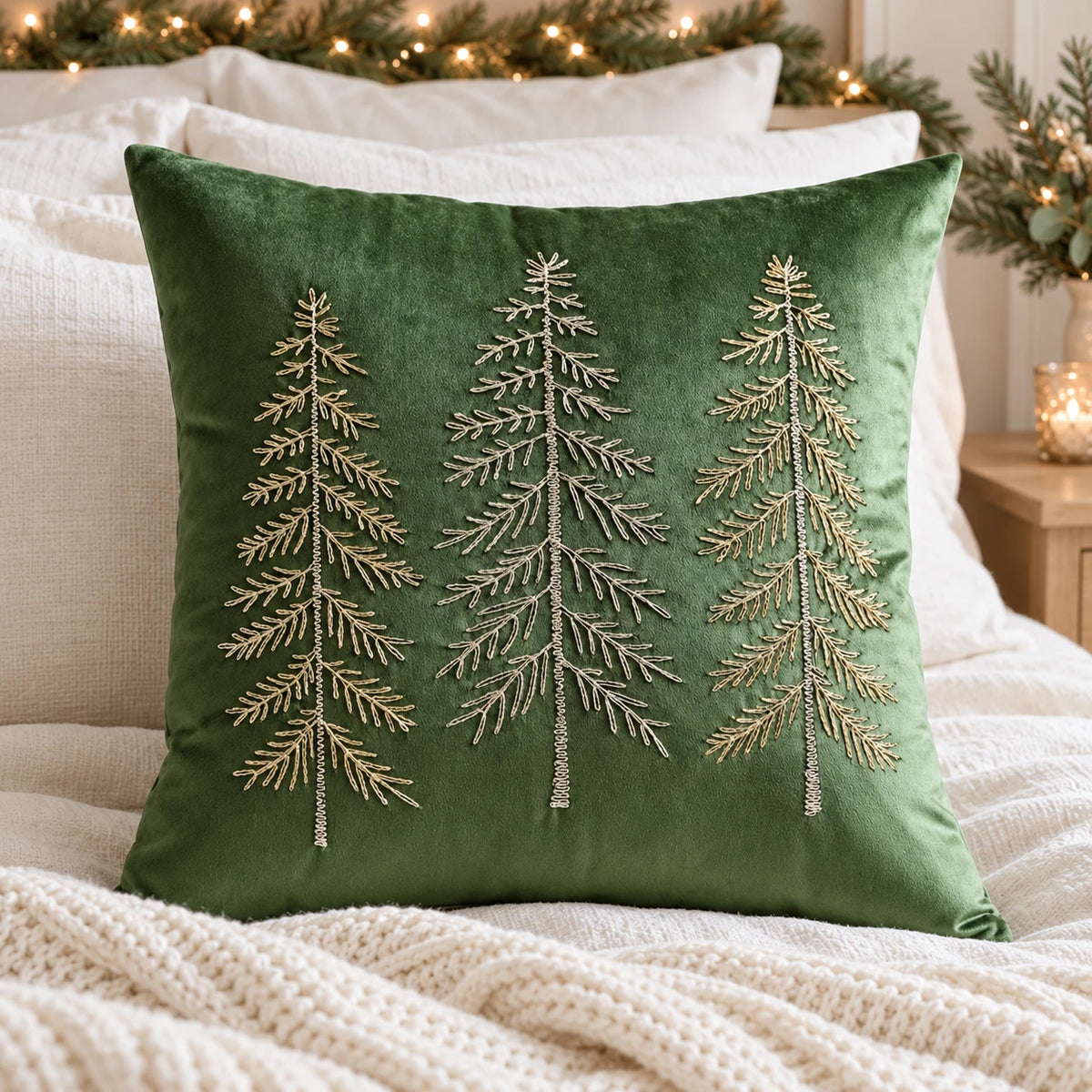 Green velvet Christmas tree cushion cover styled with ivory bedding, a cream knitted throw and festive greenery.