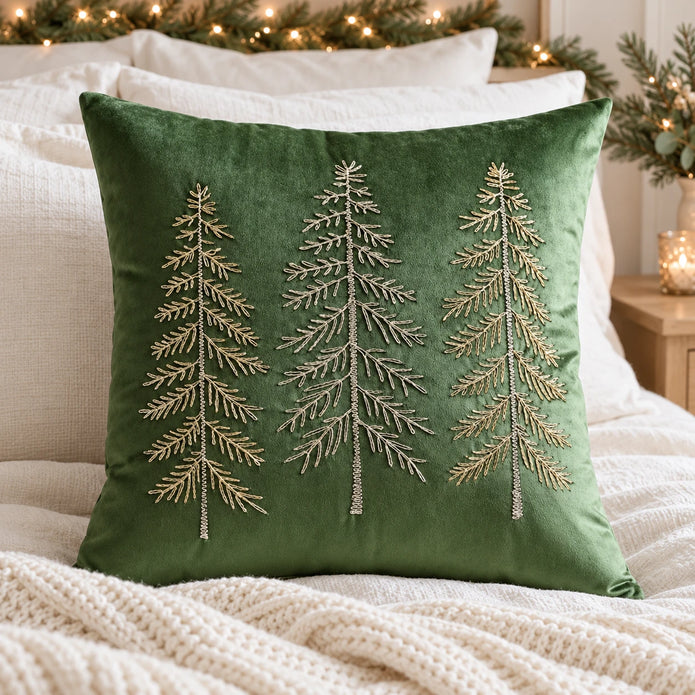 Green velvet Christmas tree cushion cover styled with ivory bedding, a cream knitted throw and festive greenery.