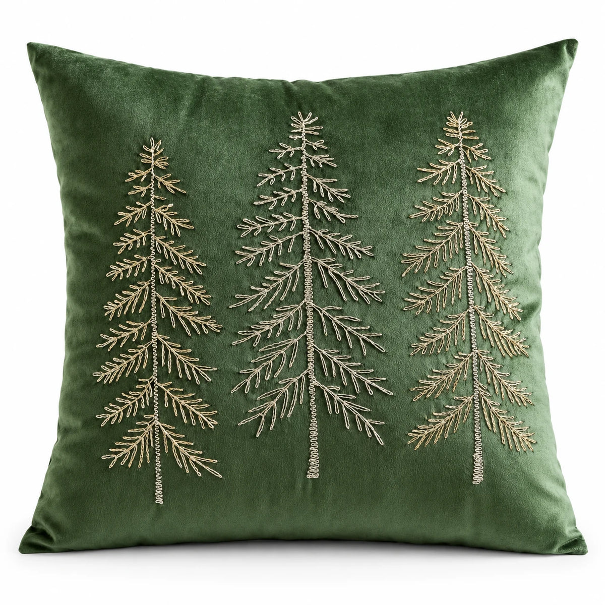 Front studio view of the green velvet cushion cover with three fine embroidered Christmas trees on a white background.