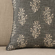 Grey Block Printed Reversible Flower Cushion Cover, close-up of the cream sprig pattern on grey fabric