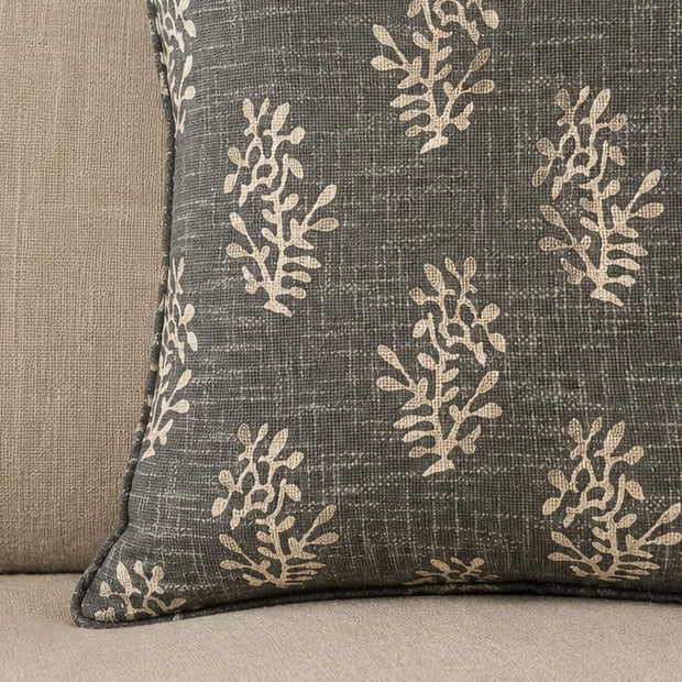 Grey Block Printed Reversible Flower Cushion Cover, close-up of the cream sprig pattern on grey fabric