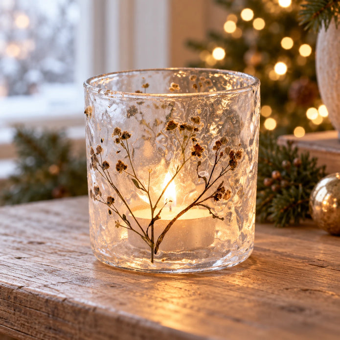 Elegant Gypsophila glass candle holder with Christmas design by Ancient Wisdom, perfect for holiday decor.