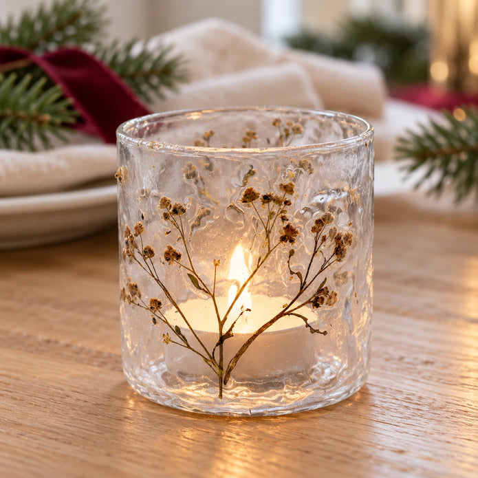 Glass candle holder with gypsophila design for Christmas, by Ancient Wisdom, perfect for holiday table decor.