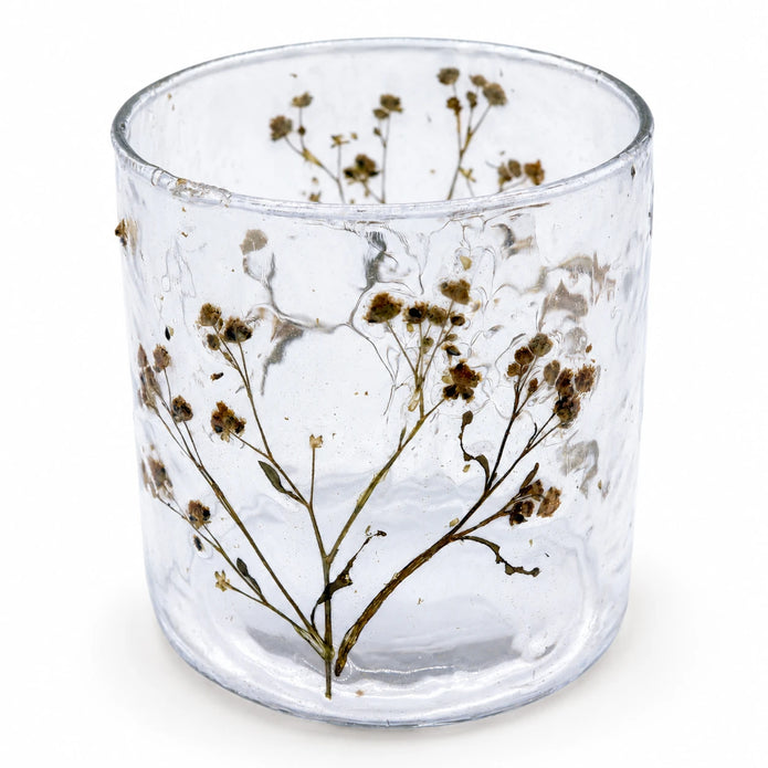 Ancient Wisdom Gypsophila glass candle holder with Christmas-themed design, perfect for festive holiday decor.