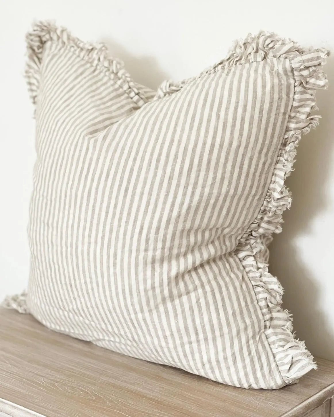 Hallie Beige And White Ruffle Neutral Pinstripe Luxury Cotton Blend Cushion Cover - Soft FurnishingsSoft Furnishings - Lulu Loves Home