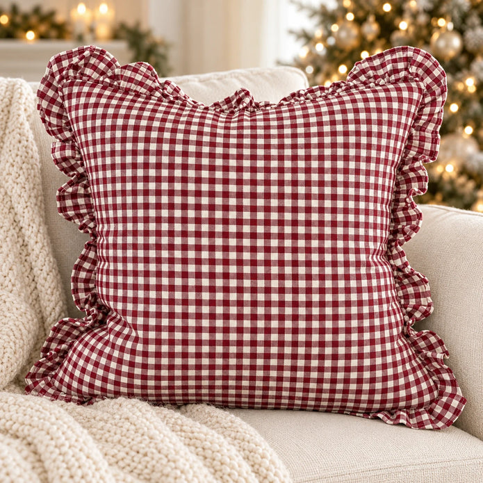 Hallie burgundy square gingham cushion cover by Ellenvale Trade