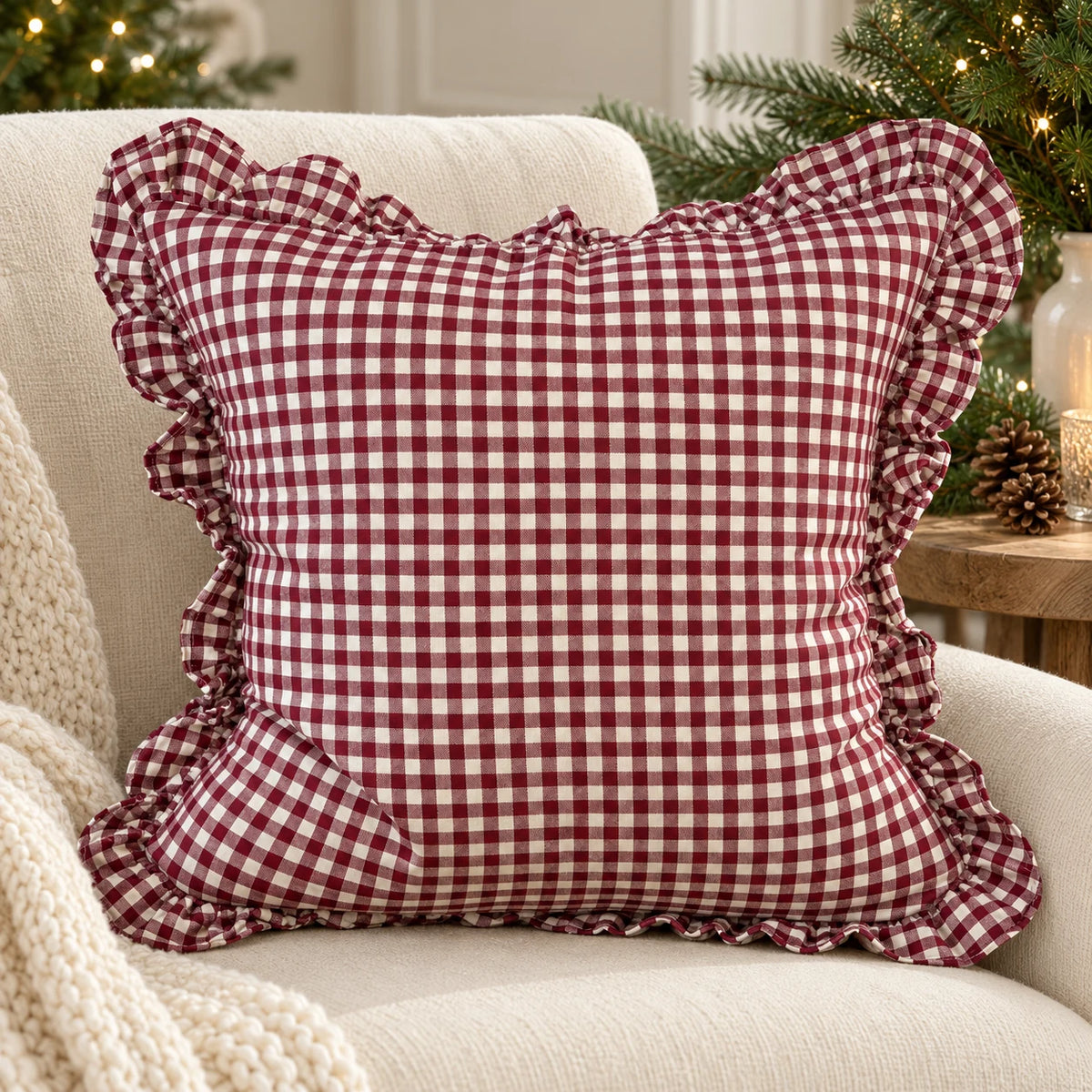 Ellenvale Trade Hallie burgundy square gingham cushion cover close-up and textured fabric pattern