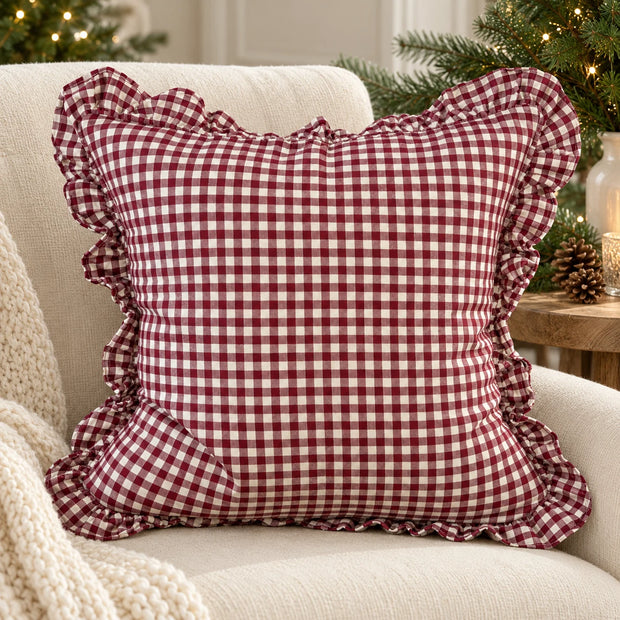 Ellenvale Trade Hallie burgundy square gingham cushion cover close-up and textured fabric pattern
