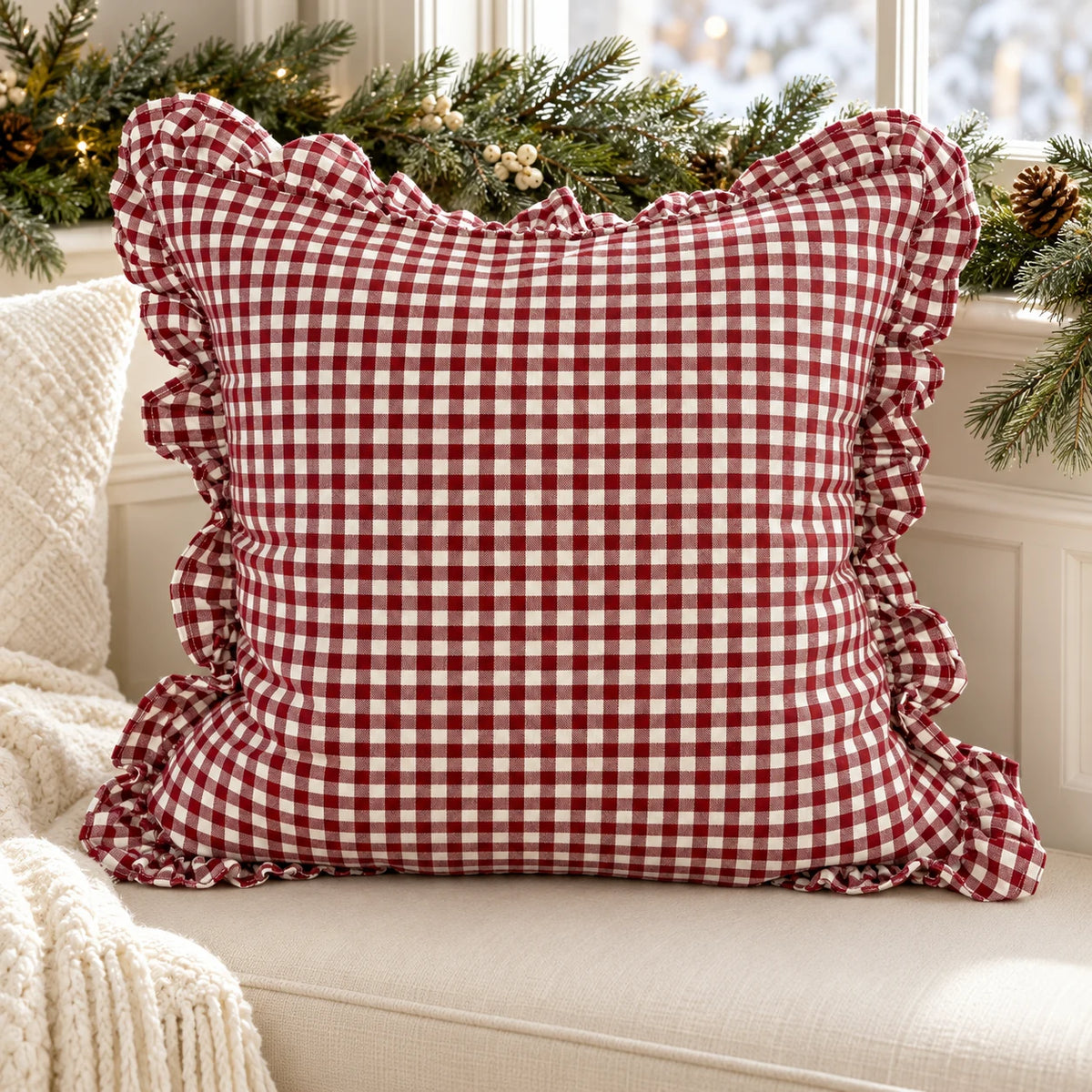 Hallie burgundy square gingham cushion cover by Ellenvale Trade, displayed flat with a classic check pattern