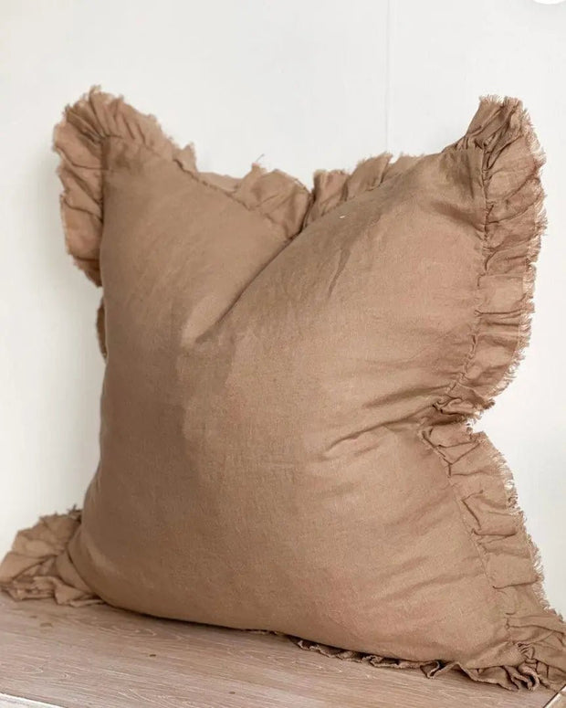 Hallie Coffee Brown Ruffle Linen Blend Cushion Cover - Soft FurnishingsSoft Furnishings - Lulu Loves Home