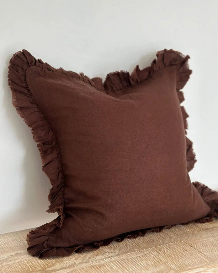 Hallie Dark Brown Ruffle Linen Blend Cushion Cover - Soft FurnishingsSoft Furnishings - Lulu Loves Home