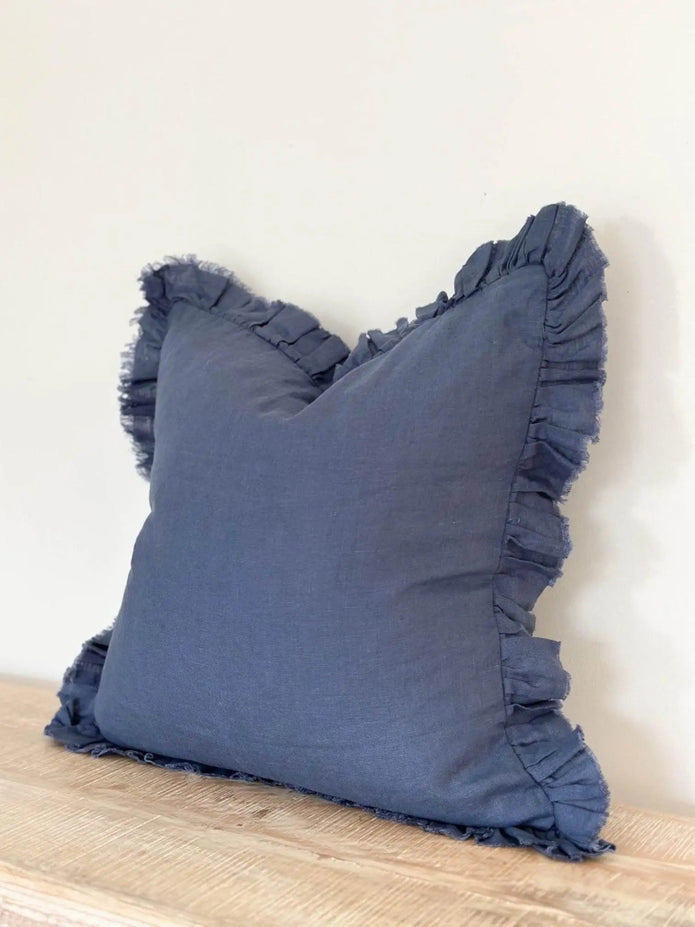 Hallie Navy Blue Luxury Linen Ruffled Edge Cushion Cover - 53cm x 53cm - Soft FurnishingsSoft Furnishings - Lulu Loves Home