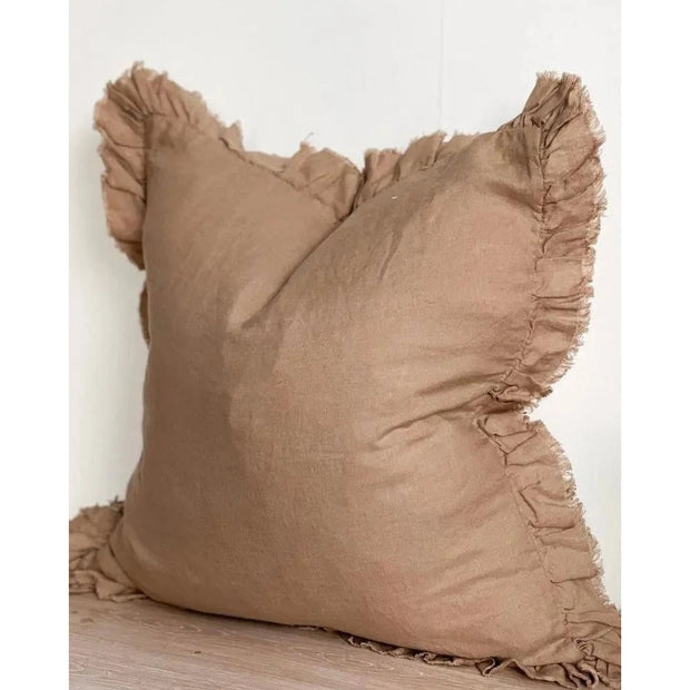 Hallie Rust Brown Square Ruffle Linen Blend Cushion Cover from Ellenvale Trade, soft furnishings for cozy home decor.