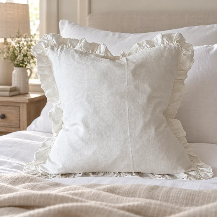 Hallie white linen ruffled cushion cover styled on a neutral bed
