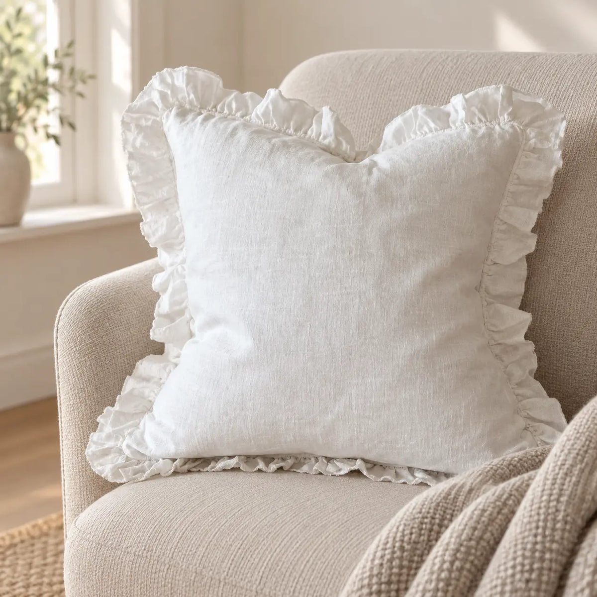 Hallie white linen ruffled cushion cover styled on an oatmeal armchair