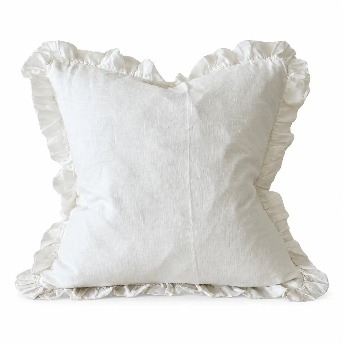 Hallie white stonewashed linen ruffled cushion cover front view on white