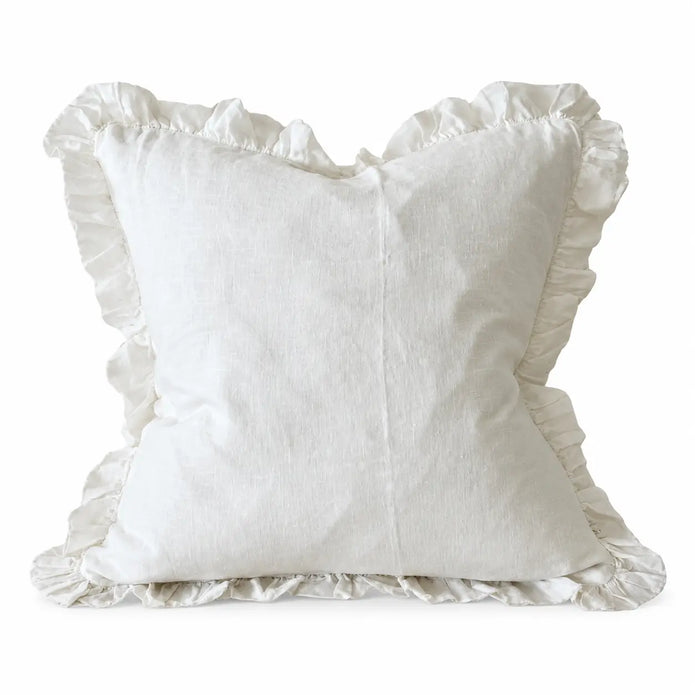 Hallie white stonewashed linen ruffled cushion cover front view on white