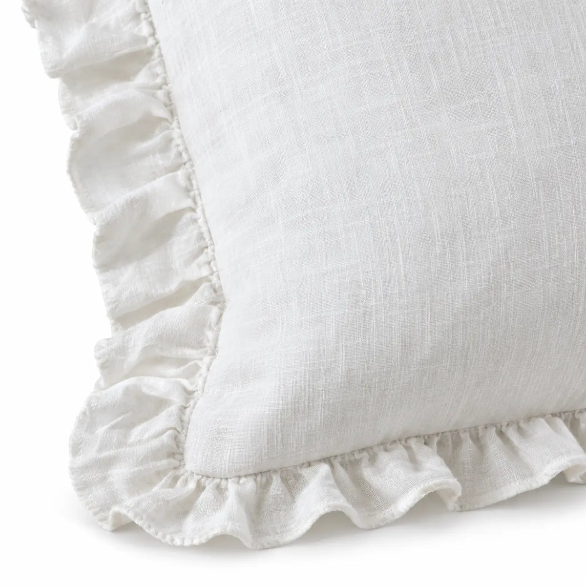 Hallie white cushion cover close-up showing the gathered ruffle and stitching