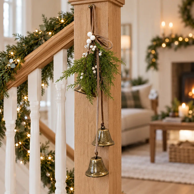 Satchville Christmas hanging bells with green foliage and white berries decor, hanging on a staircase for festive holiday decoration.