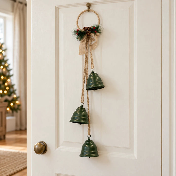 Forest green bells on a hoop hanging from a pale cottage door for Christmas.