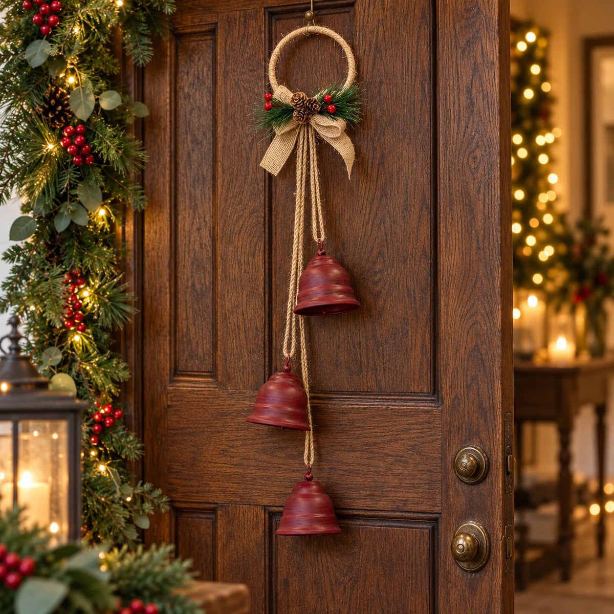 Three red metal Christmas bells on a jute hoop with hessian bow, pinecones and berries hanging on an oak door
