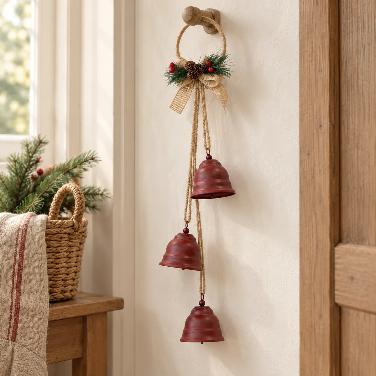 Trio of red metal bells suspended from a decorated jute hoop on a country hallway peg