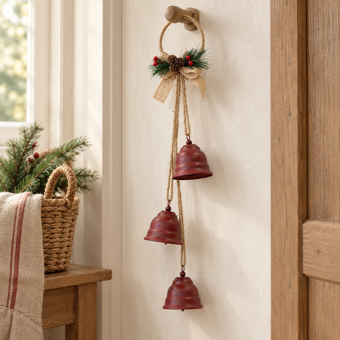 Trio of red metal bells suspended from a decorated jute hoop on a country hallway peg