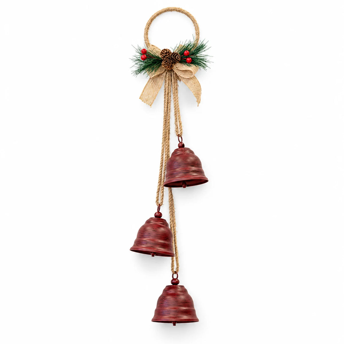 Complete hanging red metal bells decoration with three staggered bells, hessian bow and jute hoop on white