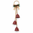 Complete hanging red metal bells decoration with three staggered bells, hessian bow and jute hoop on white