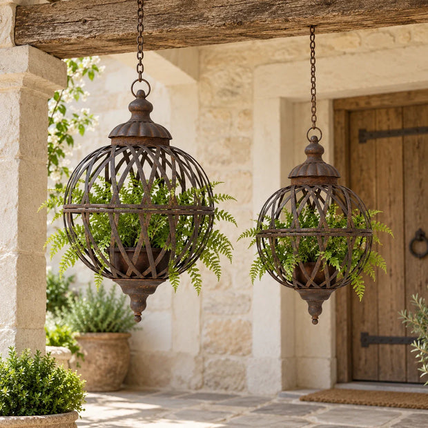 Rusty metal lattice ball planter hanging outdoors, styled on a porch for decorative garden or patio decor.