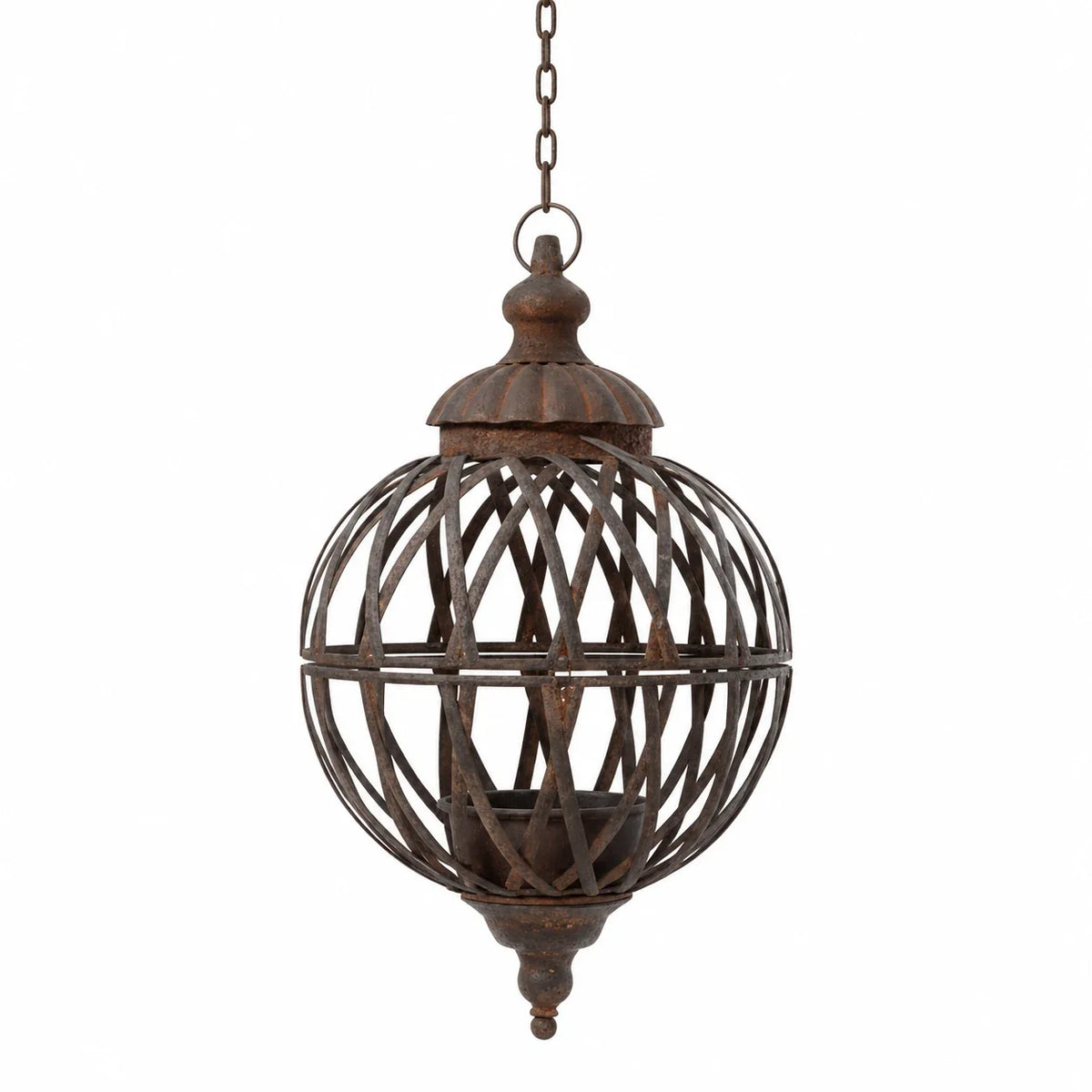 Small hanging rusty metal lattice ball planter, empty on a white studio background.