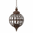 Small hanging rusty metal lattice ball planter, empty on a white studio background.