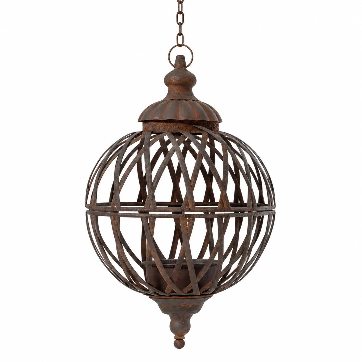 Large hanging rusty metal lattice ball planter, empty on a white studio background.